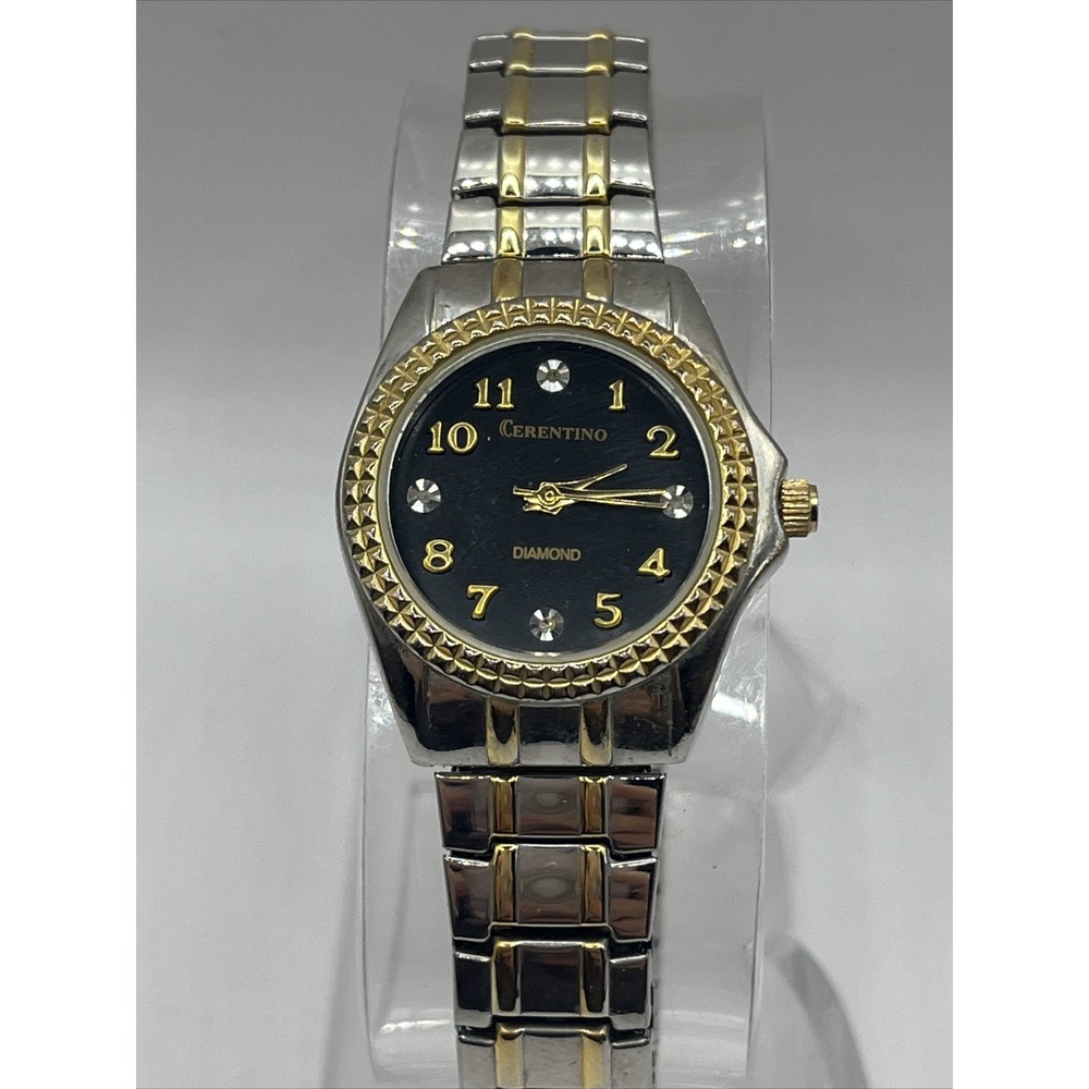 Cerentino Diamond Woman's Quartz Watch Two Tone, Black Dial- New Battery